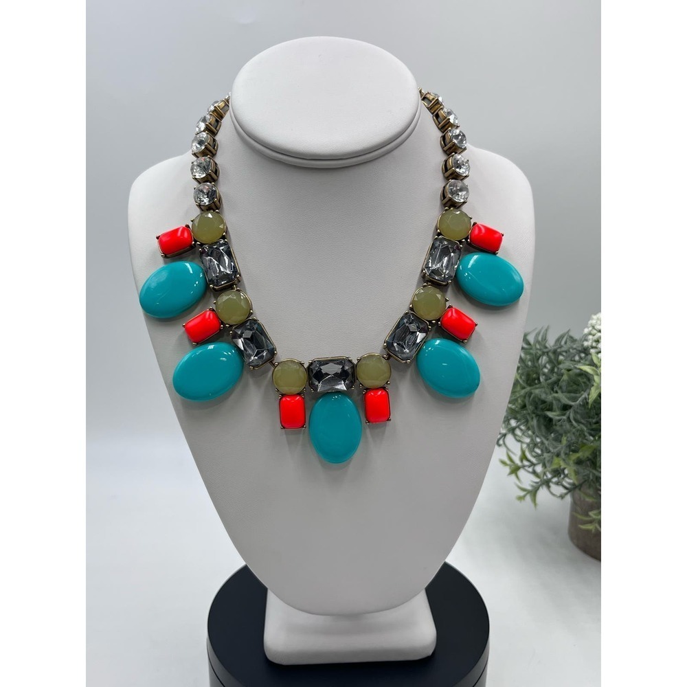 J. Crew Aqua green and Coral orange stones‎ rhinestones Necklace